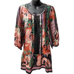Silk Odille 3/4 Sleeve Floral Multicolor Tier Tunic Black Lace Trim Women’s 8